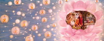 a painting of the Vaikuntha planets in the spiritual world, with Krishna's planet, Goloka Vrindavan, at right